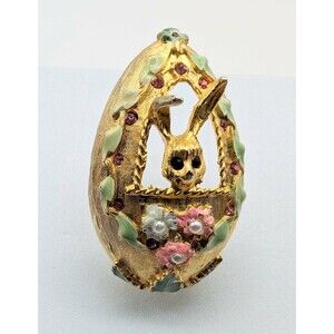 Vtg Mylu Easter Egg Bunny Brooch Pin Rhinestone Enamel Gold Tone